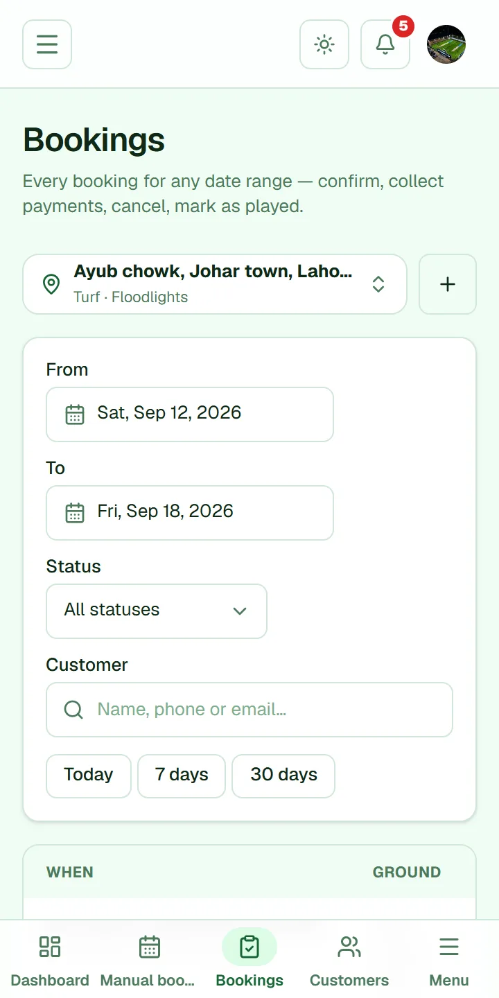 Bookings list with WhatsApp confirmation and reminder buttons