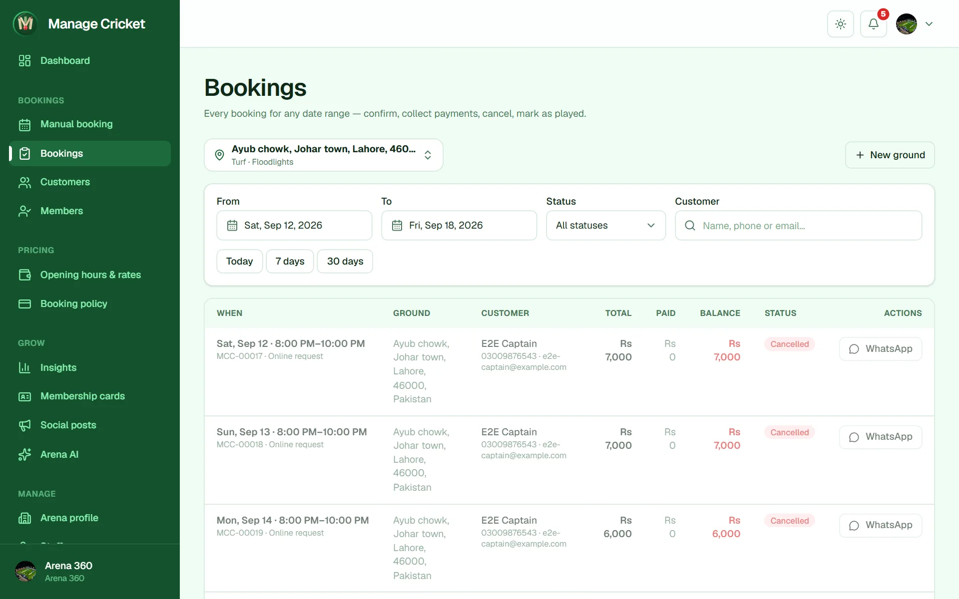 Bookings list with WhatsApp confirmation and reminder buttons