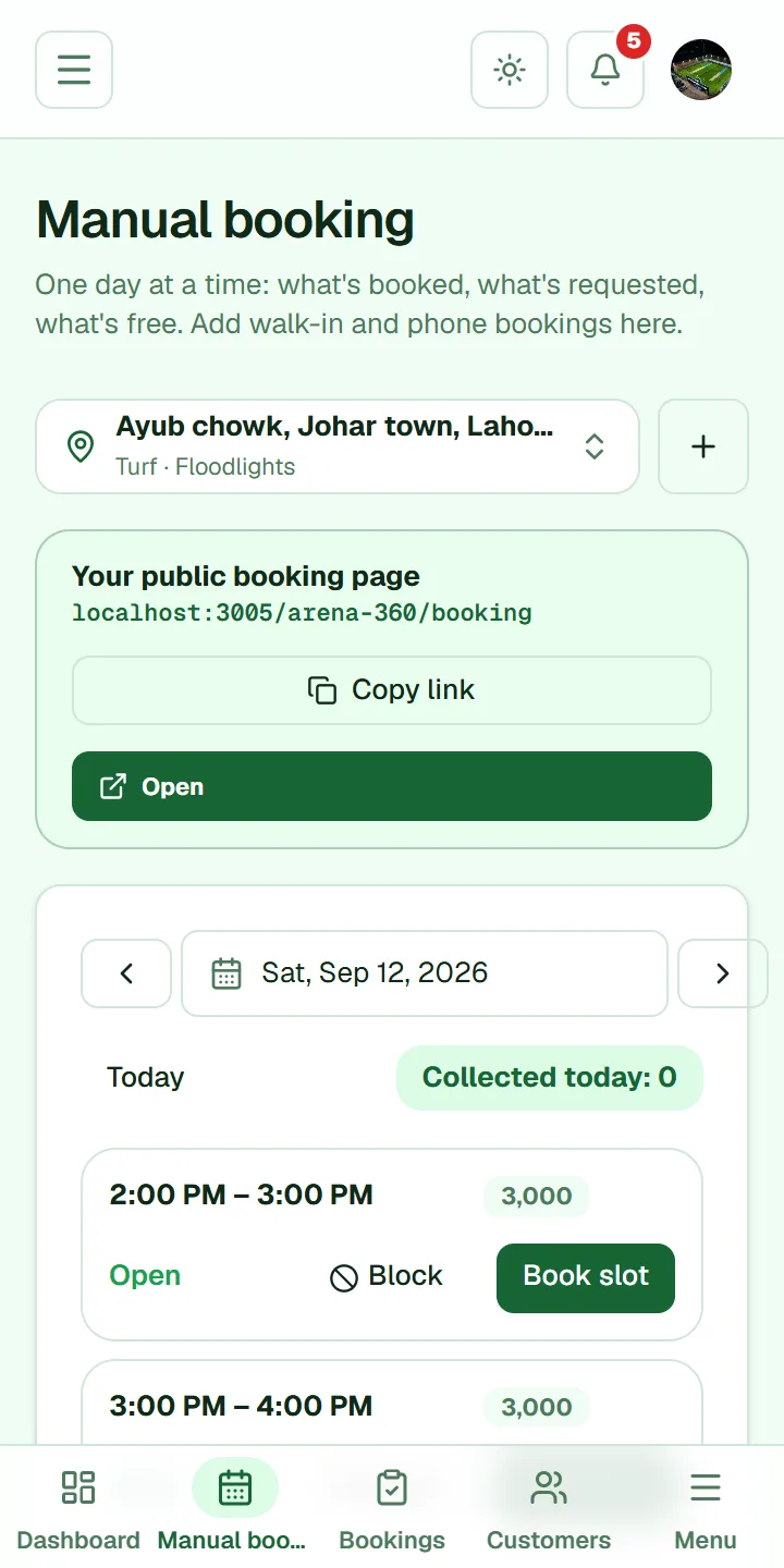 Day calendar with held, booked and open hours