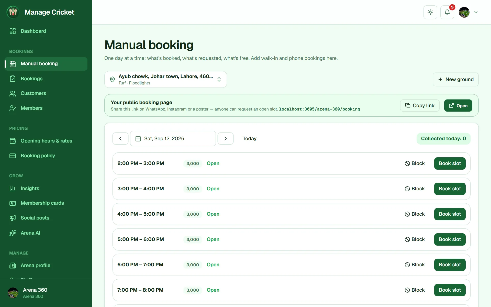 Day calendar with held, booked and open hours