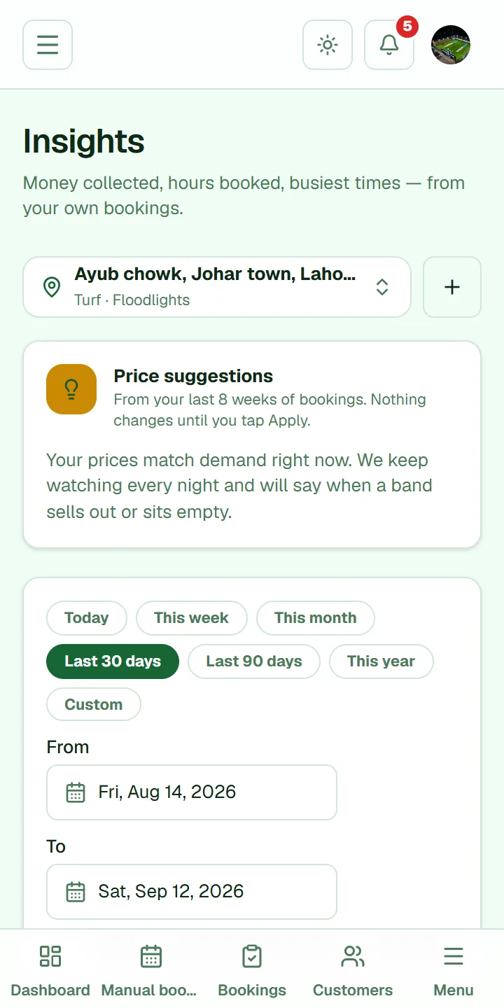 Insights with price suggestions built from the arena's own bookings