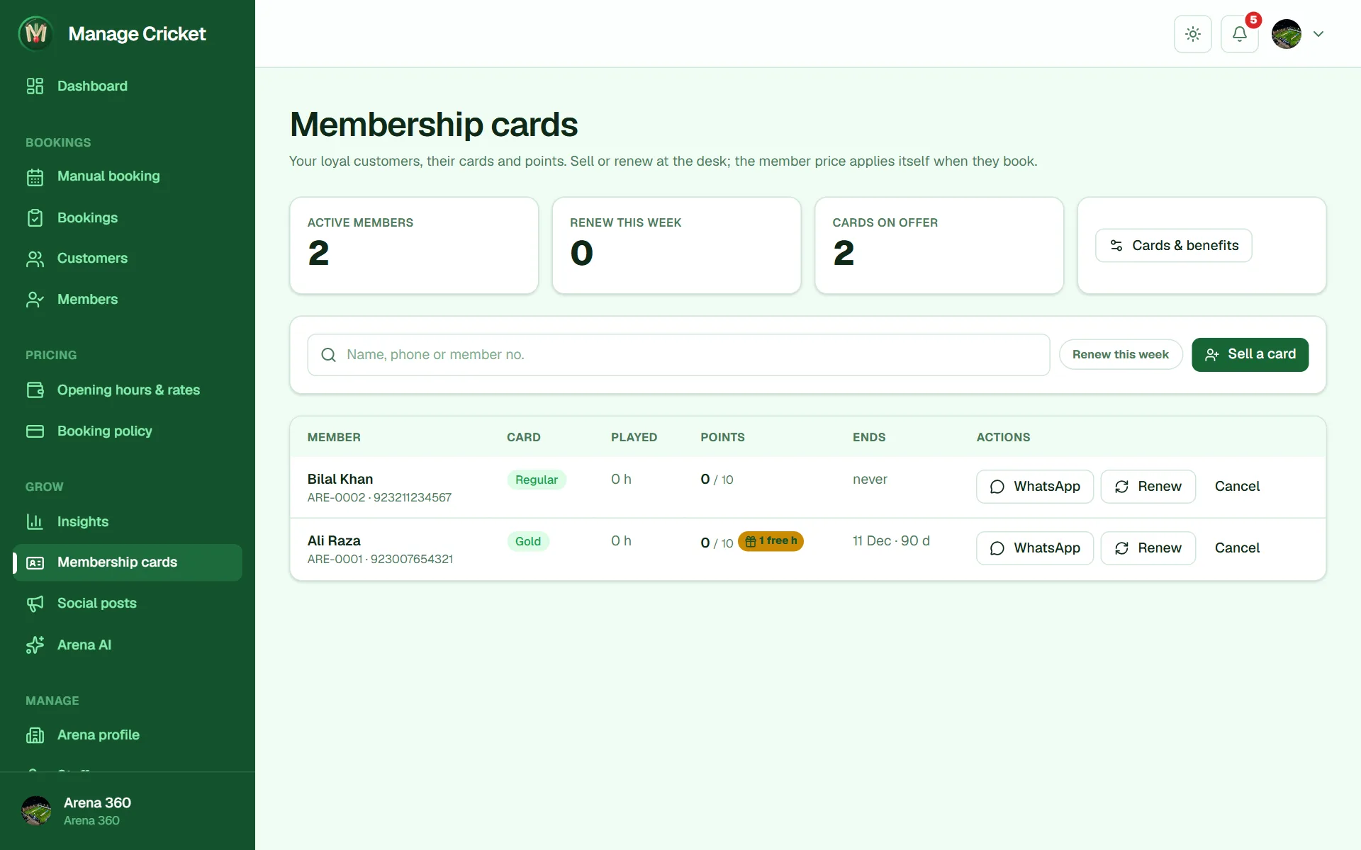 Membership cards: members, points and renewals