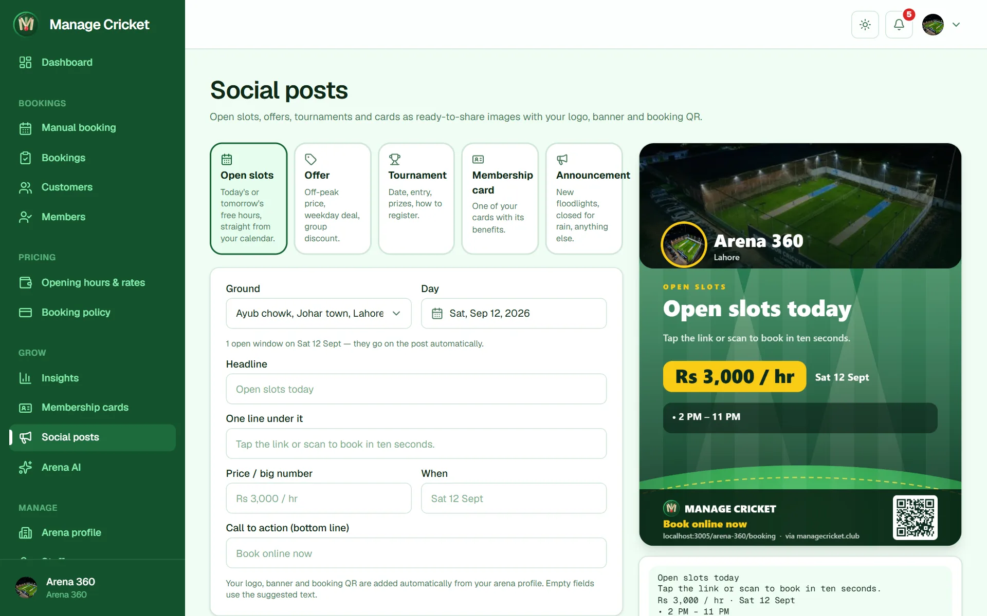 Social post studio with the arena's banner and booking QR